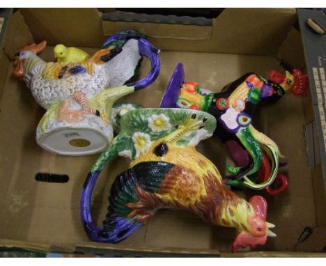 A mixed collection of Ceramic Cocks; Novelty Chicken figure and Novelty Chicken Teapots 