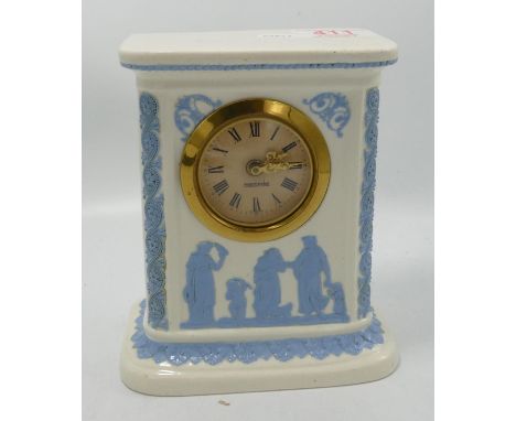 Wedgwood Blue on White Queensware Mantle Clock: height 16cm 