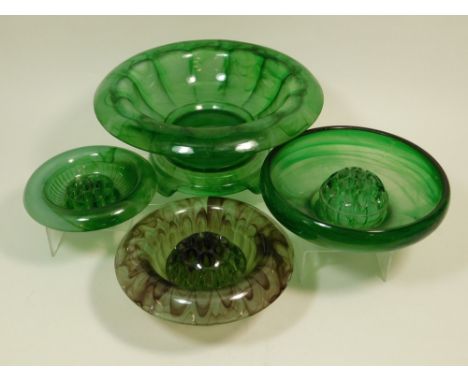 DAVIDSON GLASS. A large Davidson green cloud glass bowl on stand, diameter 34cm. & three other smaller pieces of Davidson clo