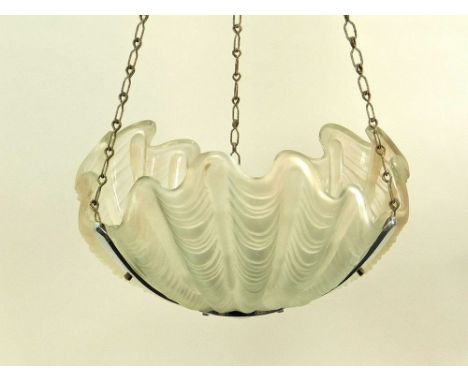 CLAM SHELL SHADE. A frosted glass light shade of three-section clam shell design in chromed frame. Condition: No damage to gl