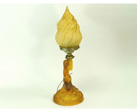 WALTHER TABLE LAMP. A Walther satin finish amber glass table lamp with flame shade. Height 44cm.Condition: Some internal brui