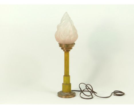 PHENOLIC TABLE LAMP. A phenolic resin & coppered metal table lamp with 'flame' shade. Height 47cm.Condition: Good condition. 