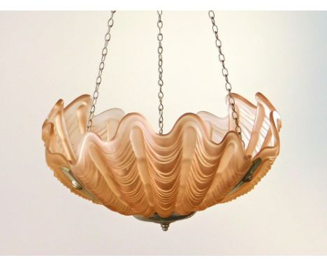 CLAM SHELL SHADE. A pink frosted glass light shade of three-section clam shell design in chromed frame.Condition: No damage t