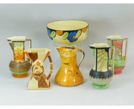 MYOTT. Five Myott jugs, height 21cm & a bowl diameter 22cm.Condition: No damage or restoration, except for one jug with chipp