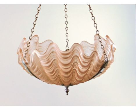 CLAM SHELL SHADE. A pink frosted glass light shade of three-section clam shell design in chromed frame.Condition: No damage t