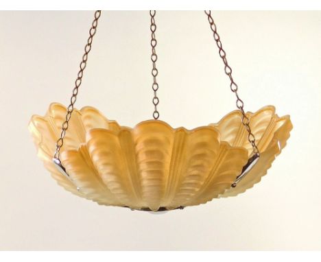 CLAM SHELL SHADE. A frosted glass light shade of three-section clam shell design in chromed frame.Condition: No damage to gla