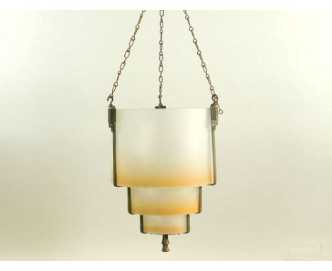LIGHTSHADES. A three-part frosted glass with colour sprayed rims lamp shade in Art Deco design frame with three chains. Heigh