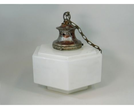 LIGHTSHADE. A hexagonal, white glass shade with carrier & hanging chain fittings Height 36cm incl. fitting.Condition: No dama