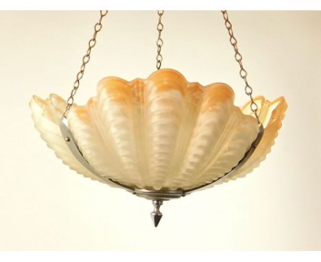 CLAM SHELL SHADE. A frosted glass light shade of three-section clam shell design in chromed frame. Spray coloured edges.Condi