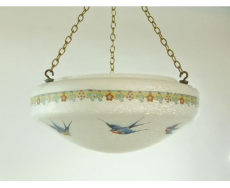 LAMPBOWL. A white marbled glass bowl lamp shade decorated with printed border & signed, hand-painted swallows.Condition: No d