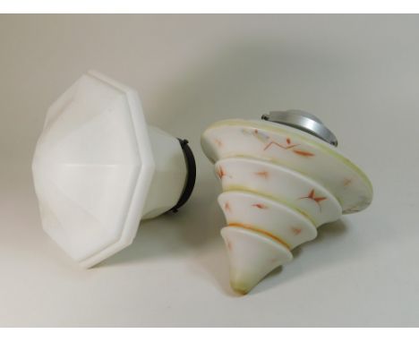LIGHTSHADES. A conical hanging lightshade with printed Art Deco motifs, height 26cm & octagonal white glass shade. Both with 