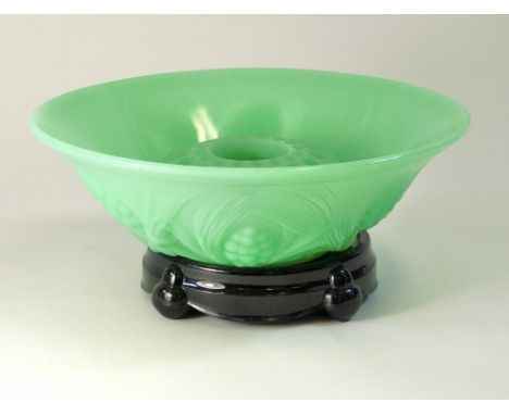 JOBLING GLASS. A Jobling jade glass, fir cone pattern bowl on black glass stand. Diameter 27cm.Condition: No damage.WE CAN SH