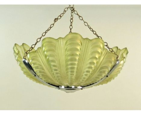 CLAM SHELL SHADE. A frosted glass light shade of three-section clam shell design in chromed frame.Condition: No damage to gla