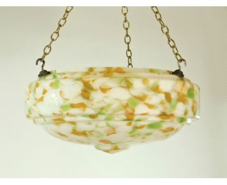 LAMPBOWL. An orange/green/white. marbled glass bowl lamp shade.Condition: No damage, but hanging hooks rusty. Requires hangin