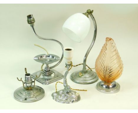 BEDSIDE LAMPS. Five chromed bedside lamps including adjustable lamp with white glass shade, height 32cm & a pink glass lamp w