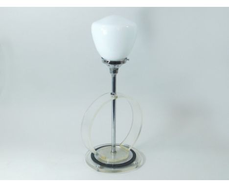 CHROME & PERSPEX TABLE LAMP. A chrome & Perspex design table lamp with white shade. Push button switch. Height 47cm. Note: So