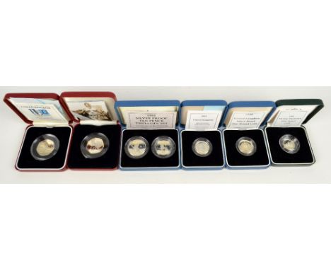 A cased set of 1992 silver proof 10p two-coin set, also two silver proof £1 coins, 1998 and 2003, two 50p coins and one 5p co