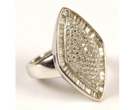 An 18ct white gold melee diamond navette shaped dress ring, V114 pave set diamond centre surrounded by 50 baguette diamonds, 