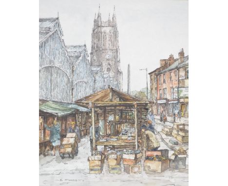 BERNARD MCDONALD (British, born 1944); watercolour and pencil sketch, Stockport market figural street scene with St Mary's Ch