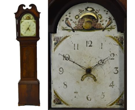 A late George III mahogany thirty hour longcase clock with broken swan neck pediment above circular enamel dial set with Arab