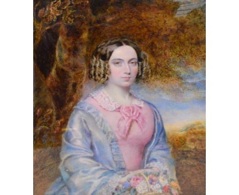 EARLY 19TH CENTURY ENGLISH SCHOOL; a rectangular portrait miniature depicting a young woman seated before a tree, wearing a l