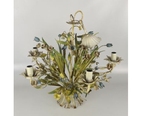 A vintage French Provencal style enamel painted metal five branch ceiling lamp modelled as a flower bouquet, height 68cm.