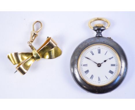 A leather cased base metal crown wind fob watch, with white enamel dial set with Roman numerals suspended on a 15ct yellow go