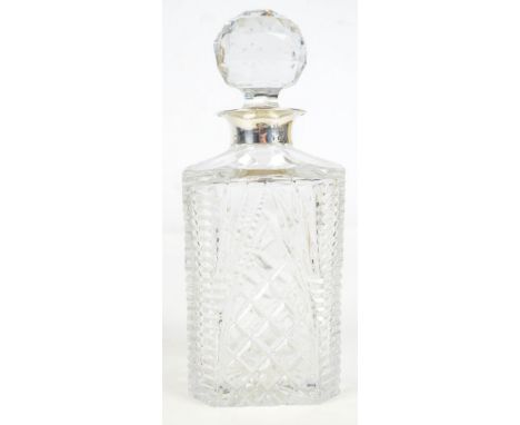 J.B. CHATTERLEY & SONS LTD; an Elizabeth II hallmarked silver collared square section clear glass decanter with globular face