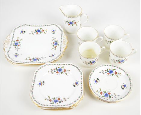 SHELLEY; a "Chelsea" pattern decorated porcelain part tea set comprising four cups, three circular saucers, six shaped square