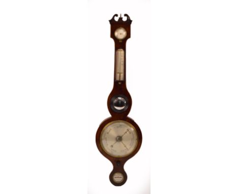A 19th century mahogany and boxwood strung five dial barometer/thermometer with broken swan neck pediment, height 95.5cm.