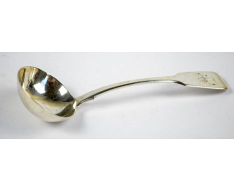 SAMUEL HAYNE & DUDLEY CARTER; a Victorian hallmarked silver fiddle pattern sauce ladle with oval bowl and finial initialled A