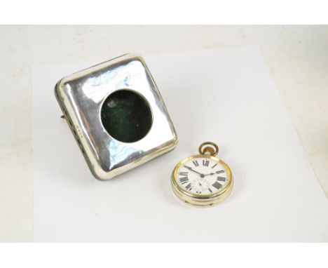 A large plated cased crown wind pocket watch, the white enamel dial set with Roman numerals and subsidiary seconds, within a 