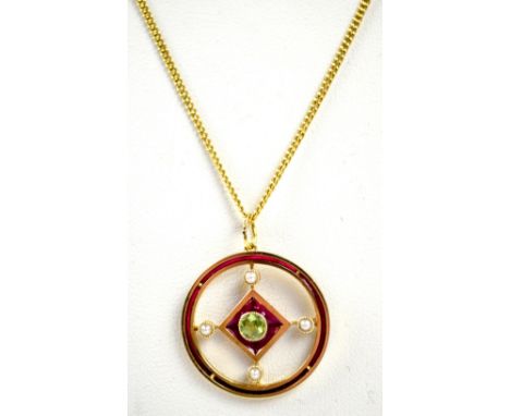 A 15ct yellow gold circular open frame pendant centred with a green peridot on pink enamel detail square with a seat cultured