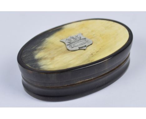 WILLIAM DUNNINGHAM & CO; a George V hallmarked Scottish silver decorated horn oval snuff box with detachable cover centred wi