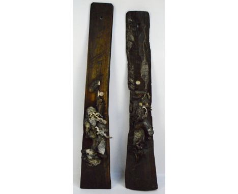 A near pair of Japanese Meiji period wooden slender panels, rootwood, bone and mother of pearl decorated with architectural l