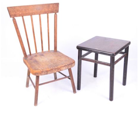 A rustic child's stick back chair and a child's table (2)