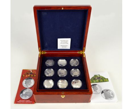 A cased set of eighteen Golden Age of Steam silver proof coins 2004, with eight specification leaflets.