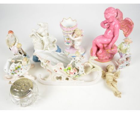 A group of various Continental ceramic figures and ornaments including a Marly horse, a cherub decorated vase, also a clear c