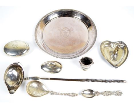 An Edwardian hallmarked silver heart shaped pin dish, set with a cigar cutter, Birmingham 1904 (af), an oval Edwardian hallma