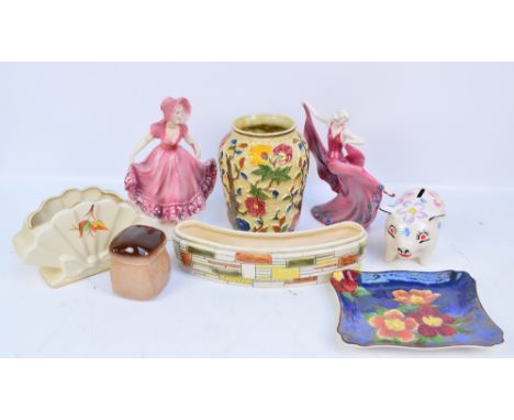 A quantity of mixed ceramics including an Art Deco Katzhutte female figure with flowing gown, a further Katzhutte figure, a R