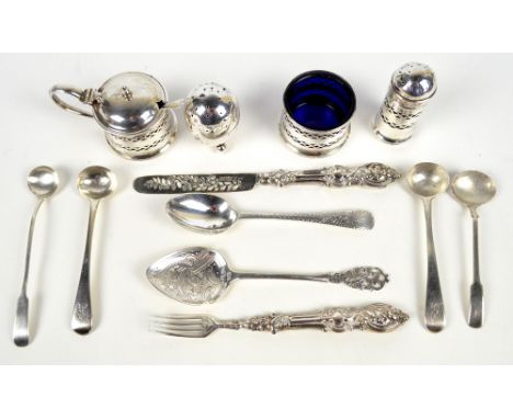 WILLIAM SUCKLING LTD; a George VI hallmarked silver three piece cruet with pierced decoration, Birmingham 1937, a Victorian h
