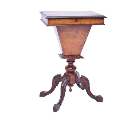 A Victorian sewing table of rectangular form above tapering body and ring turned column on four cabriole legs, 48 x 35cm, hei