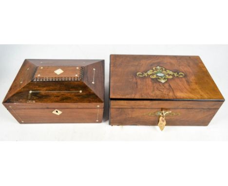 A Victorian walnut mother of pearl and brass inlaid writing slope, 35 x 24 x 14cm, and a rosewood workbox with caddy top (2).