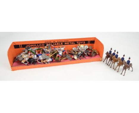 A collection of play worn diecast model figures comprising a box set of five Fort Toys by Britain mounted hussars and a large