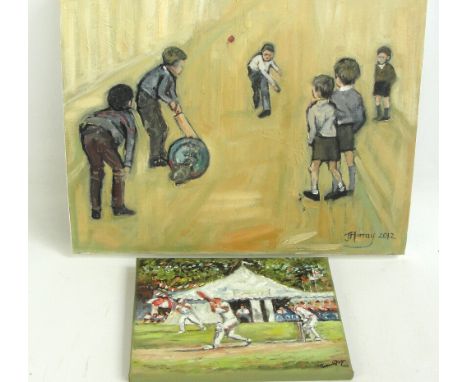 J. MURRAY; oil on canvas, children playing cricket, signed and dated 2012, 36 x 45.5cm, and THOMPSON; oil on canvas, a cricke