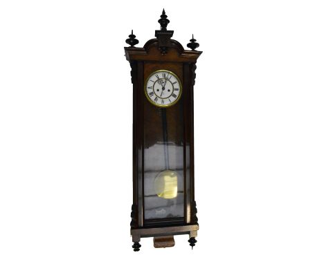 GUSTAV BECKER; a Vienna style eight day weight driven wall clock, the domed top with three turned finials above two sectioned