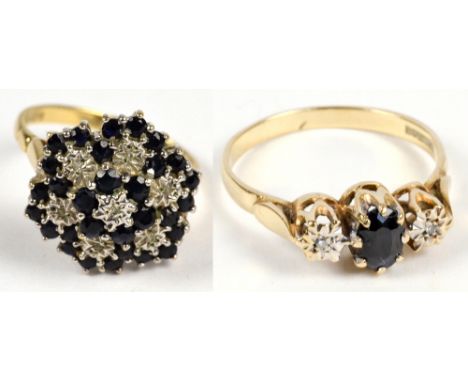 A 9ct yellow gold cluster ring set with seven small diamonds in illusion setting within borders of claw set sapphires, size O