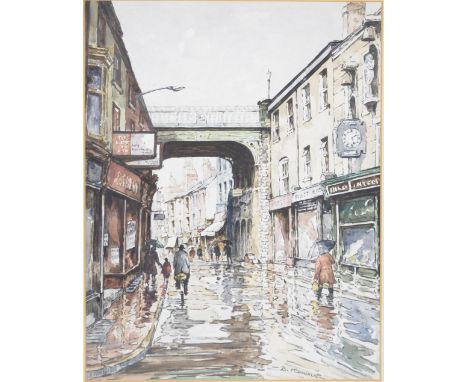 BERNARD MCDONALD (British, born 1944); watercolour and pencil sketch, Stockport Underbank figural street scene, signed lower 