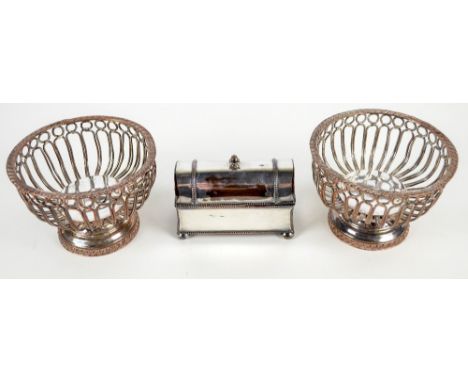 A pair of electroplated copper wire work footed bottle coasters, diameter 14cm and electroplated inkwell modelled as a trunk 