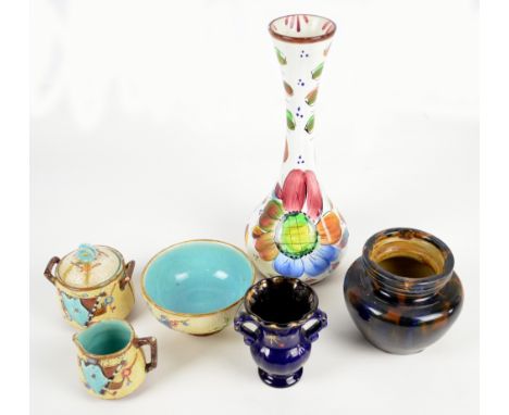 A mixed lot of various ceramics including a Victorian majolica Oriental style four setting tea set, a set of three green glaz